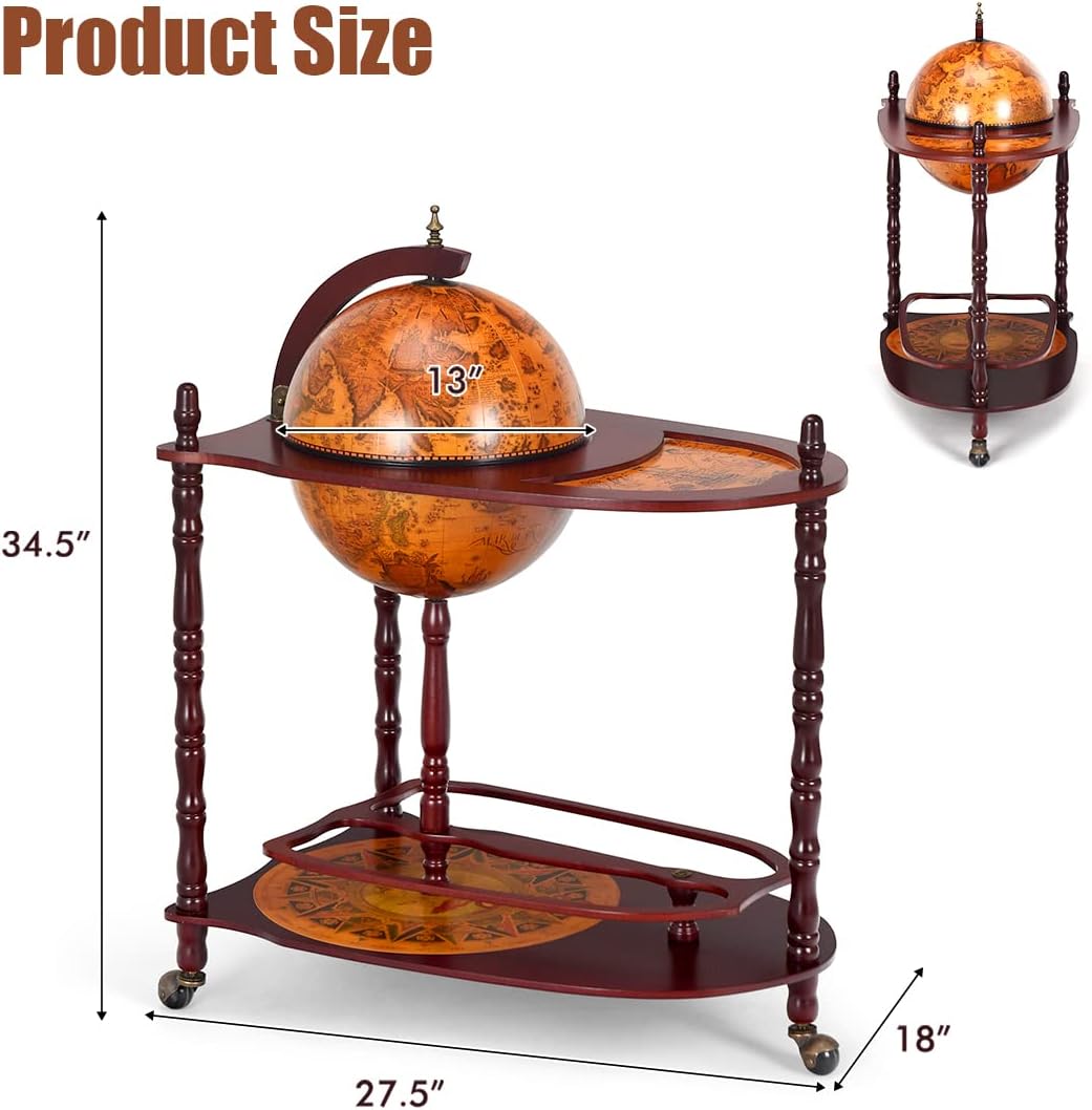 Goplus Globe Bar, 34.5” Globe Bar Liquor Cabinet with Wheels, Bottom Shelf, Old World Map, 16th Century Italian Replica Bar Globe, Retro Wine Stand