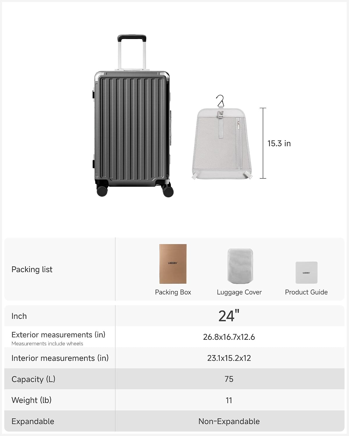 LUGGEX Zipperless Checked Suitcase, Aluminum Frame, Charcoal Metallic, 28" | Checked Luggage, 100% PC Hard Shell, 8010S Aluminum Frame, 8 Spinner Wheels, TSA Lock, Hard Shell, ZX-Core