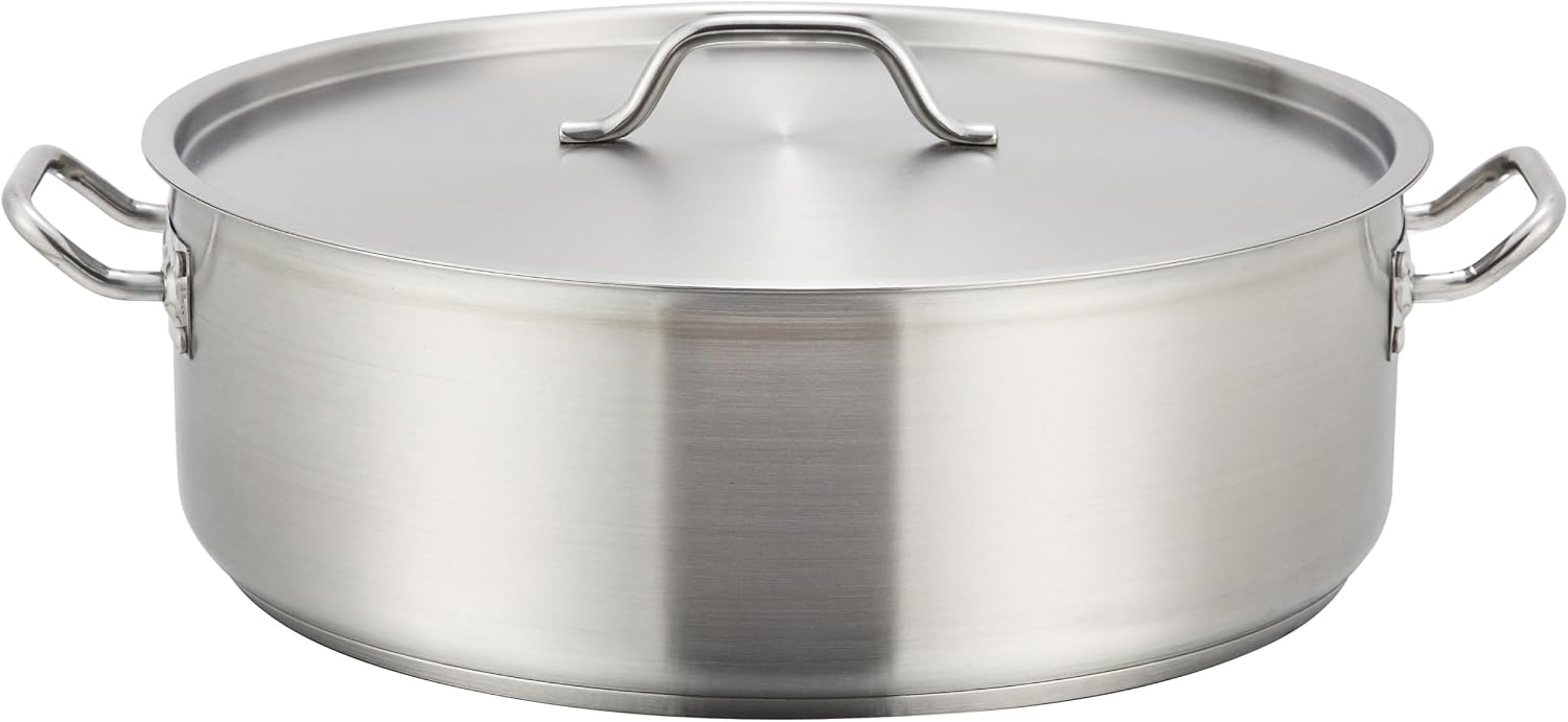 Winco 15 qt Stainless Steel Brazier Pan with Lid | Flat bottom, Wide base, Riveted handles, Induction safe, Great for Braising, Simmering, Batch Cooking and Restaurant Kitchens