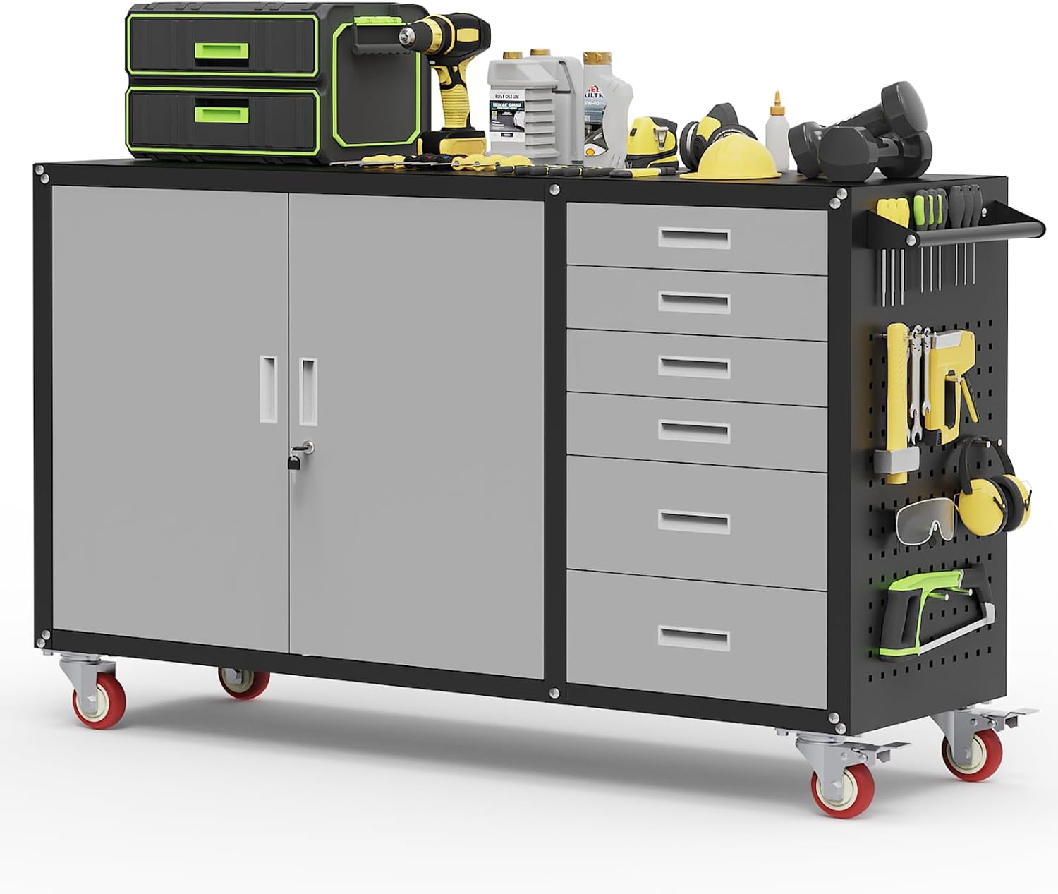 55"W Heavy Duty Rolling Workbench with Drawers and Storage, 1000 LBS Capacity Work Bench with Lockable Cabinet & Adjustable Shelf