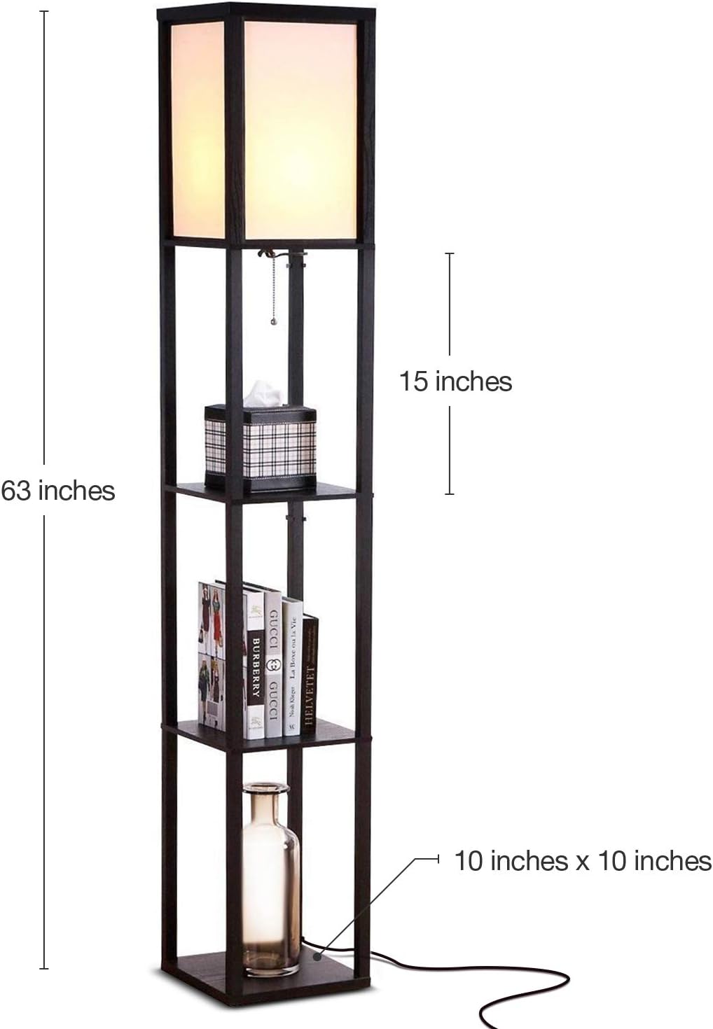 Brightech Maxwell - Modern Shelf Floor Lamp with Lamp Shade & Warm White LED Bulb, Corner Display Floor Lamp with Shelves for Living Room, Bedroom, Nightstand Office, Home Decor Storage - Natural Wood