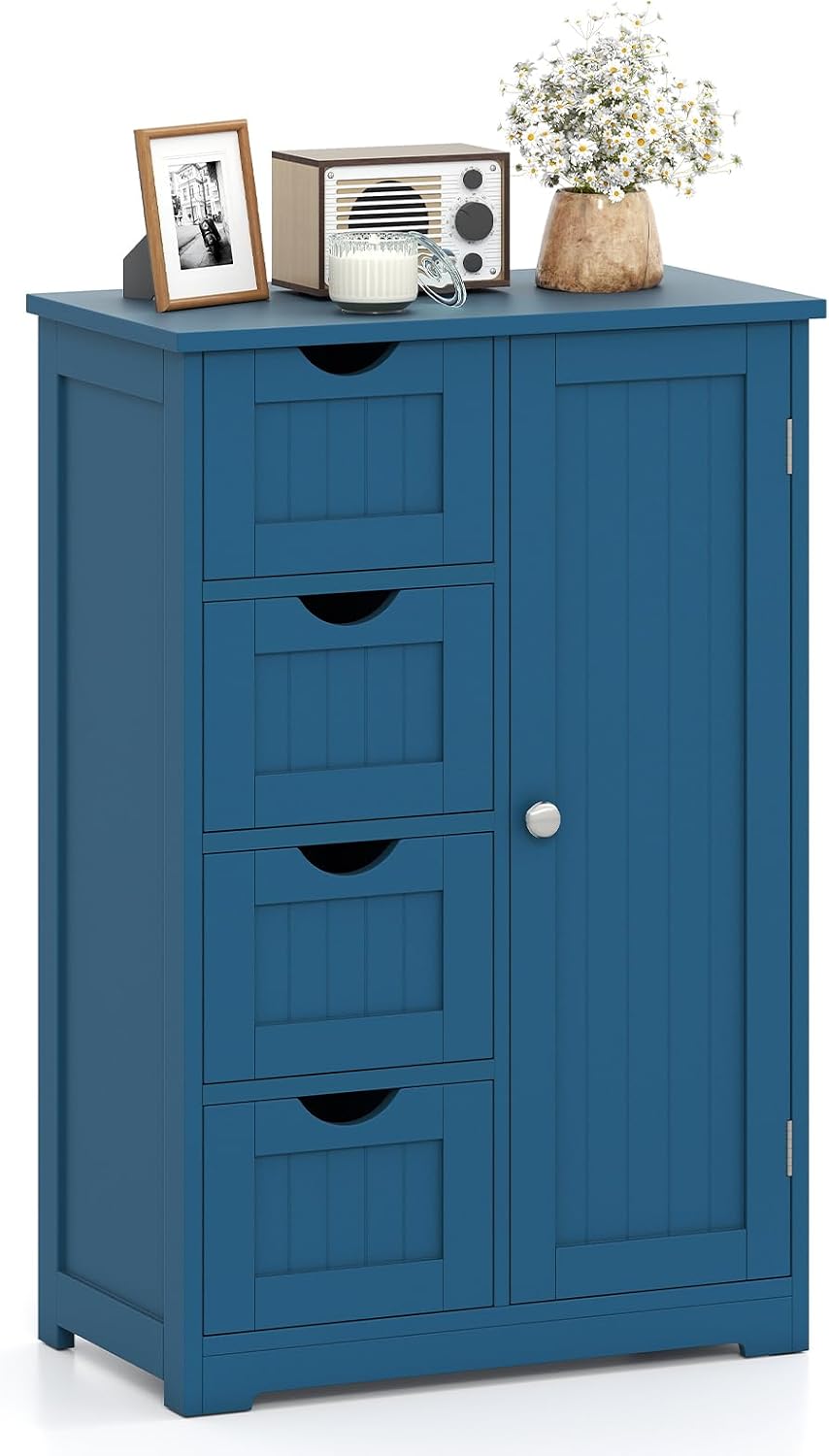 Giantex Storage Cabinet with 4 Drawers, Bathroom Storage Organizer with Cupboard, Adjustable Shelf, Anti-Toppling Device, Floor Cabinet, Entryway Storage Unit Console Table, White