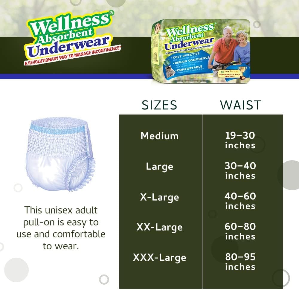 Unique Wellness-Absorbent Underwear (Pull-Ups) Size Medium (19"–30" Waist) 16 Count, Made in USA