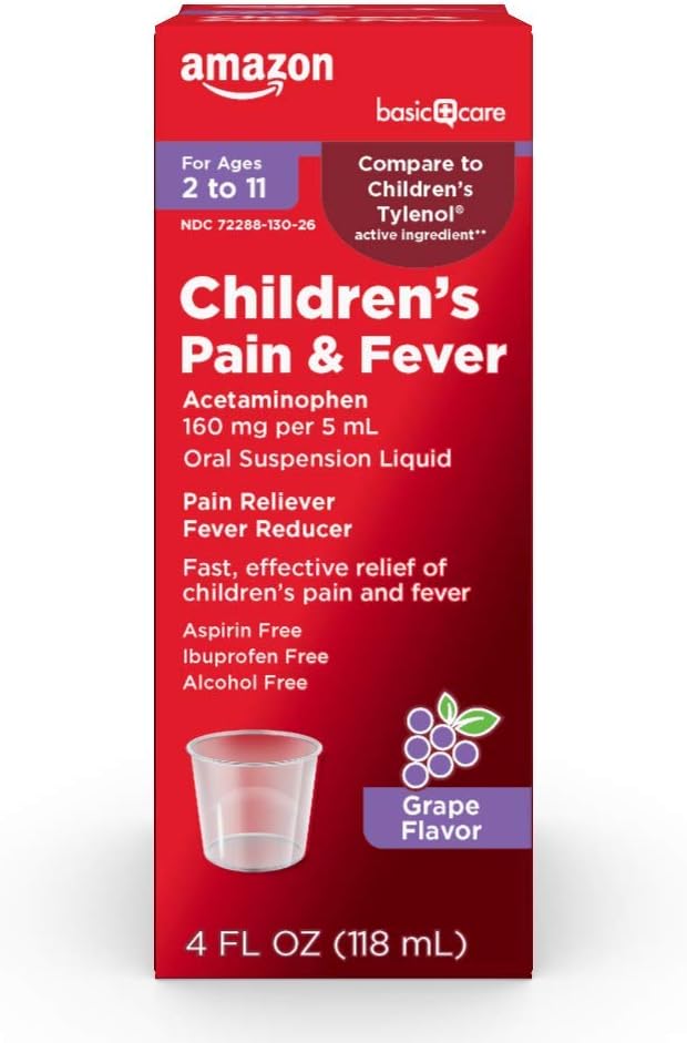 Amazon Basic Care Children's Acetaminophen 160 mg per 5 mL Oral Suspension, Grape Flavor, Pain Reliever and Fever Reducer, 4 fl oz