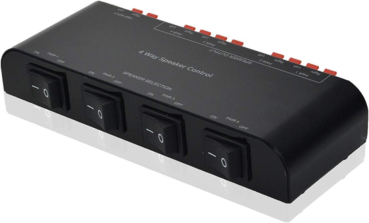 4-Channel Speaker Switcher Selector Box with Terminal Claps 200W RMS Max 100W Switchable, Black