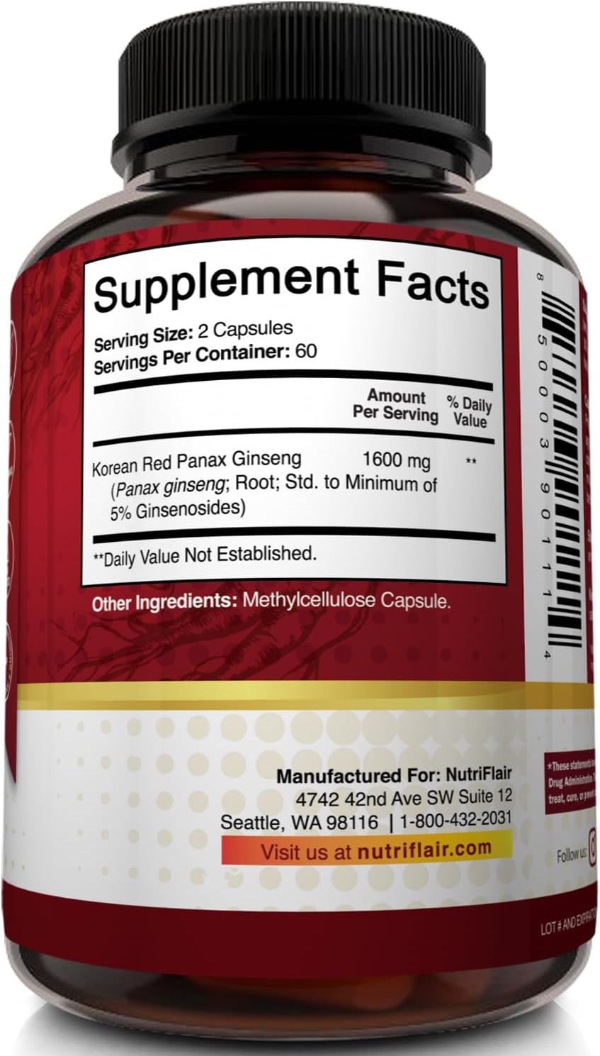 NutriFlair Korean Red Panax Ginseng 1600mg – 120 Vegan Capsules | 5% Ginsenosides | Non-GMO