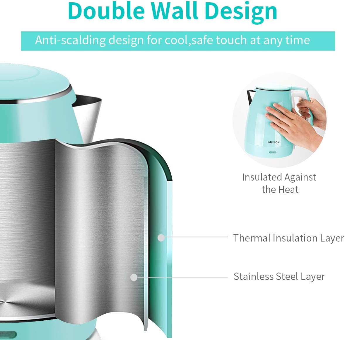 Electric Kettle(BPA Free), Double Wall Water Boiler Heater, Stainless Steel Interior, Cool Touch Coffee Pot & Tea Kettle