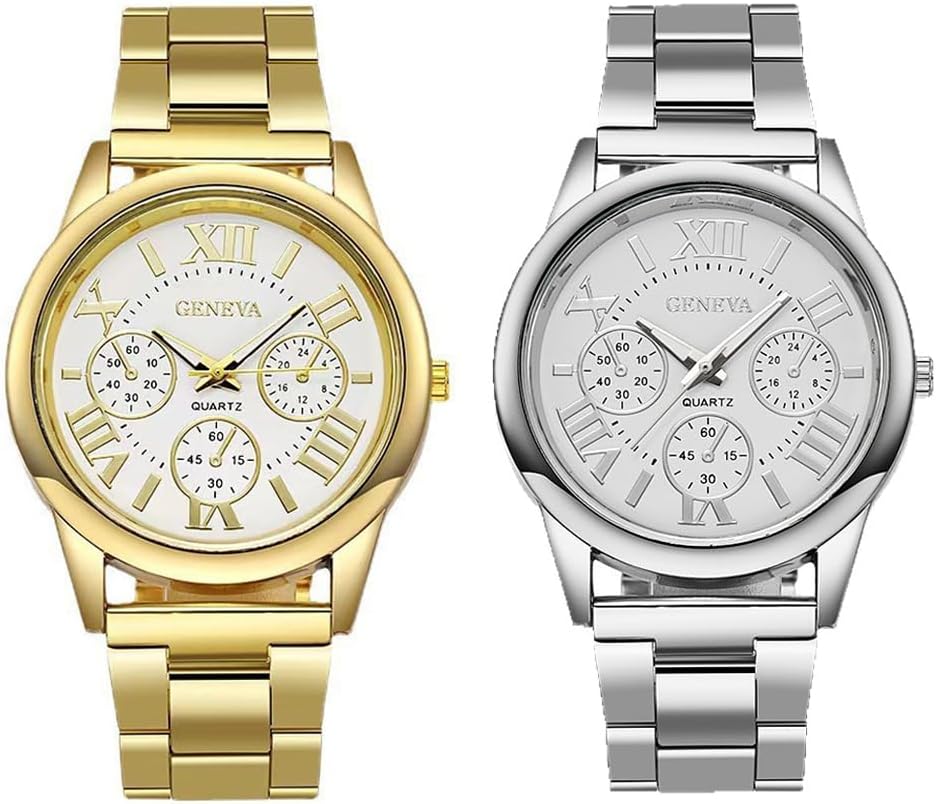 Women Girls Wholesale 2 Pack Watch Set Roman Numerals Dial with 3 Decorated Small Sub-dials Men Business Stainless Steel Quartz Analog Wrist Watches