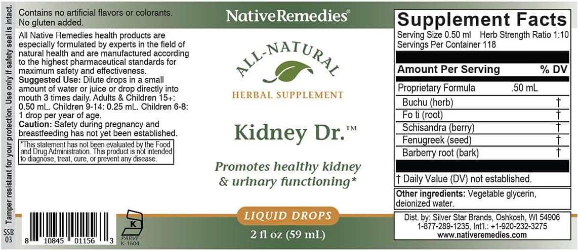 Native Remedies Kidney Dr. - All Natural Herbal Supplement for Kidney and | Urinary System Health - 59 mL