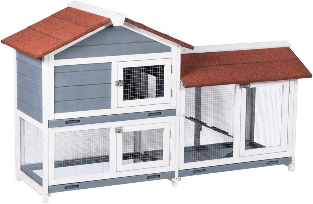 GDLF 62" Rabbit Hutch, Bunny Hutch Indoor Outdoor with Ramp, Cleaning Tray