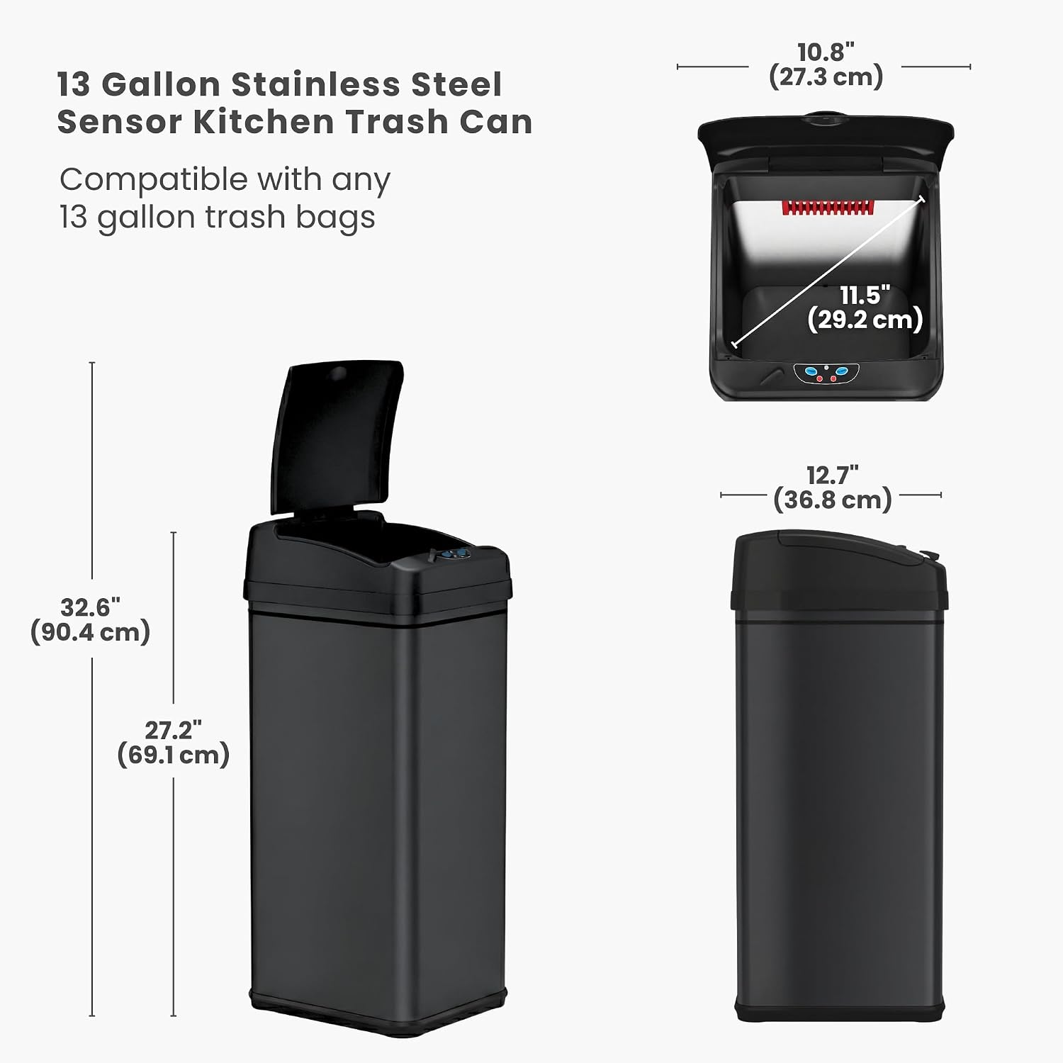 iTouchless 50 Liter / 13 Gallon Kitchen Trash Can with Lid & Deodorizer – Motion Sensor Semi-Round Stainless Steel Garbage Bin for Home, Office, or Garage – Slim, Wide Opening Large Capacity Design