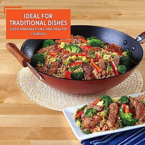IMUSA USA GKG-61021 Light Cast Iron Wok, 14", Red Handles | Ideal for Stir-Frying and Deep Frying, Great for Everyday Cooking