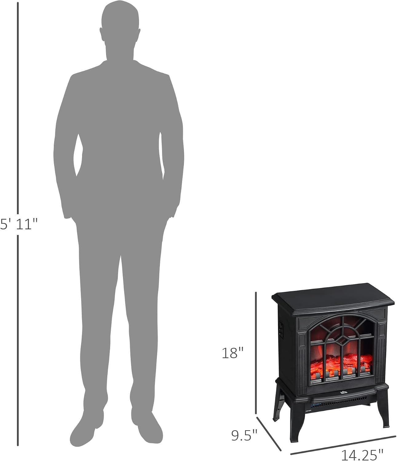 HOMCOM Electric Fireplace Stove 18" Freestanding Fireplace Heater Black | Realistic Flame, Overheating Protection, Portable, 750W/1500W