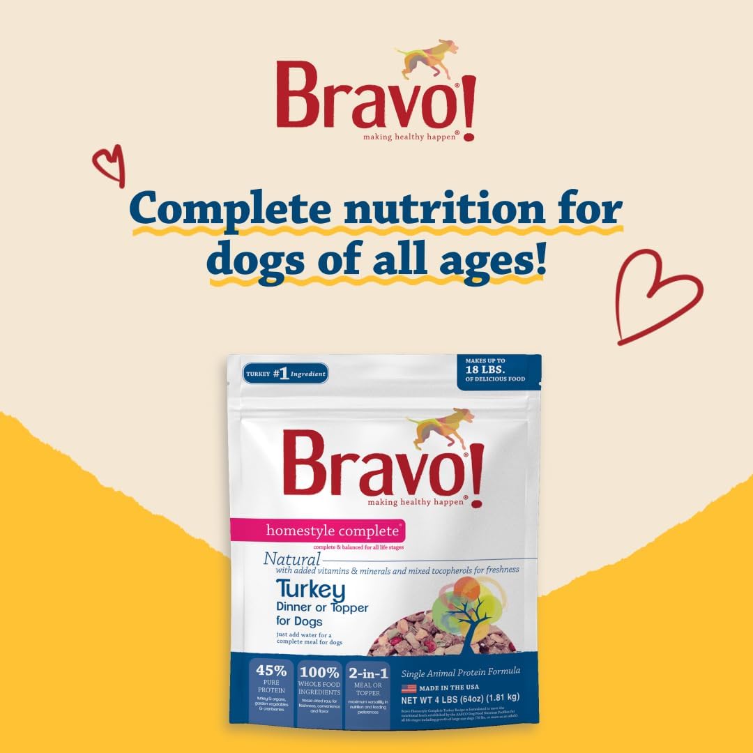 Bravo! Homestyle Complete Freeze Dried Raw Dog Food, Beef, 2 Pounds | Whole Food Ingredients, Rehydrate with Water for Up To 9 Pounds of Food, Use as Meal or Food Topper, Grain Free, Gluten Free
