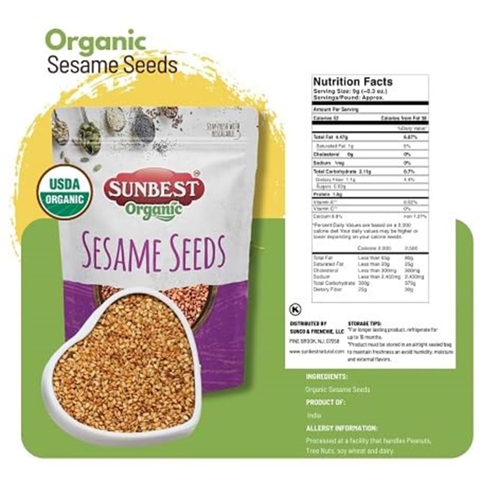 Sunbest Natural Organic Brown Sesame Seeds 32 oz.(2 lb) - USDA Organic, Non-GMO, Vegan, Gluten-free, Kosher - Fresh & Nutrient-Rich Snack, Topping, Baking - 2-Pack 16 oz