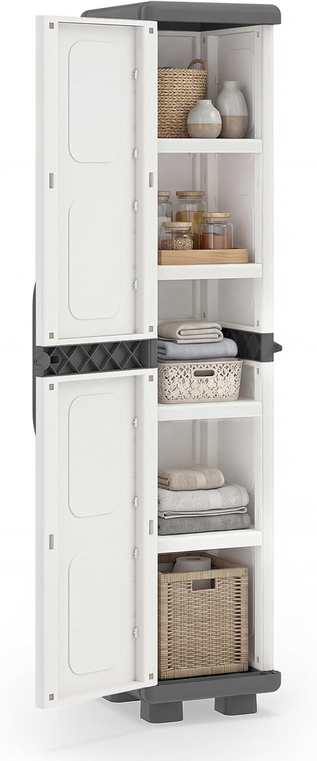 GIANTEX Storage Cabinet with 2 Doors and Adjustable Shelves, Modern Plastic Base Garage Organizer, Floor Sideboard for Kitchen, Dining Room, Bathroom (Wide-29"x19"x37",White+Brown)