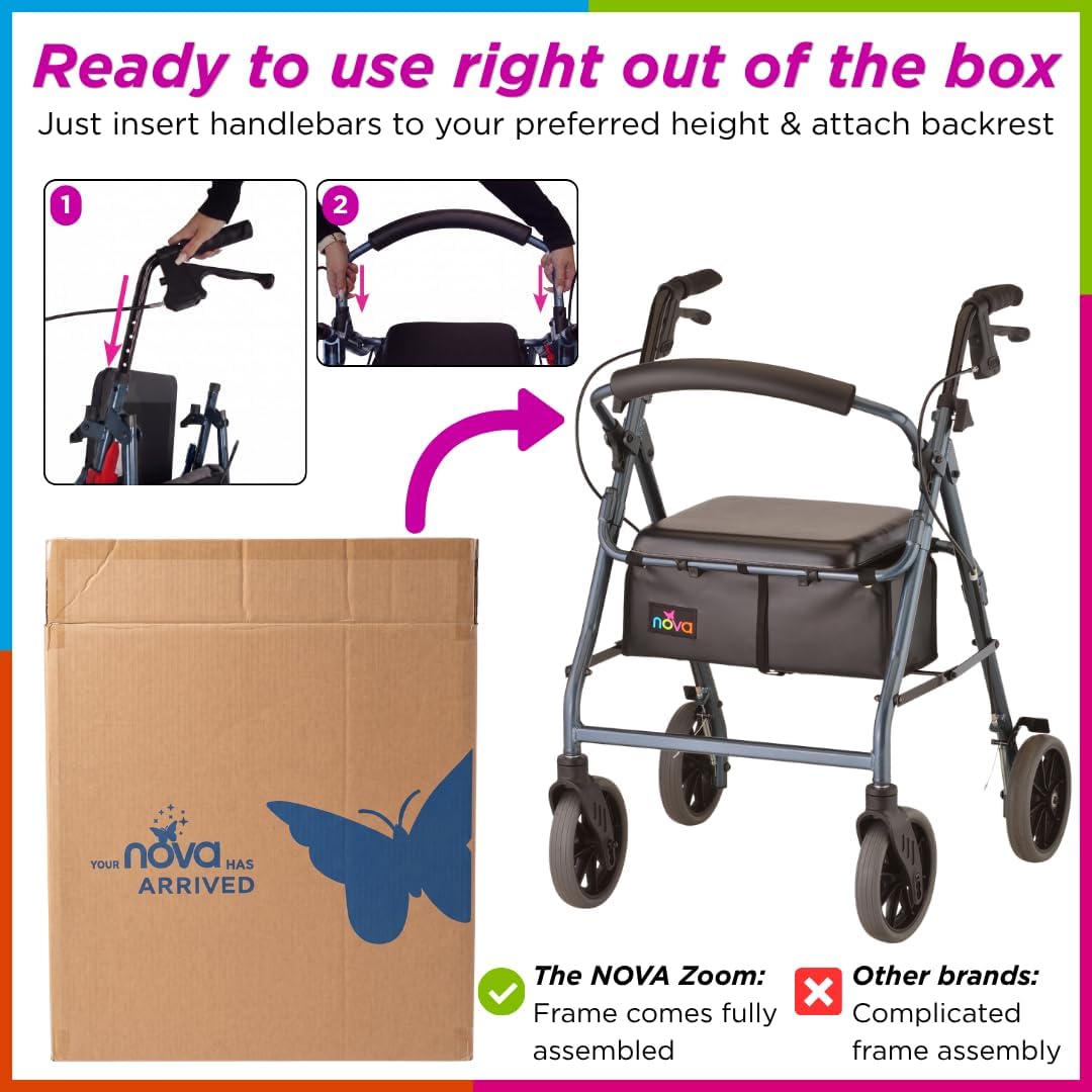 NOVA Zoom 22 Rollator Walker for Seniors, Rolling Walker with Locking Hand Brakes, Padded Seat & 8" Wheels, Lock N Load for Easy Transport & Storage, Adjustable Height 5'5"–6'1", Red
