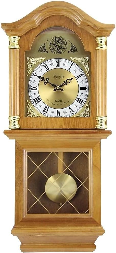 Bedford Clock Collection Classic Chiming Wall Clock with Swinging Pendulum, Golden Oak