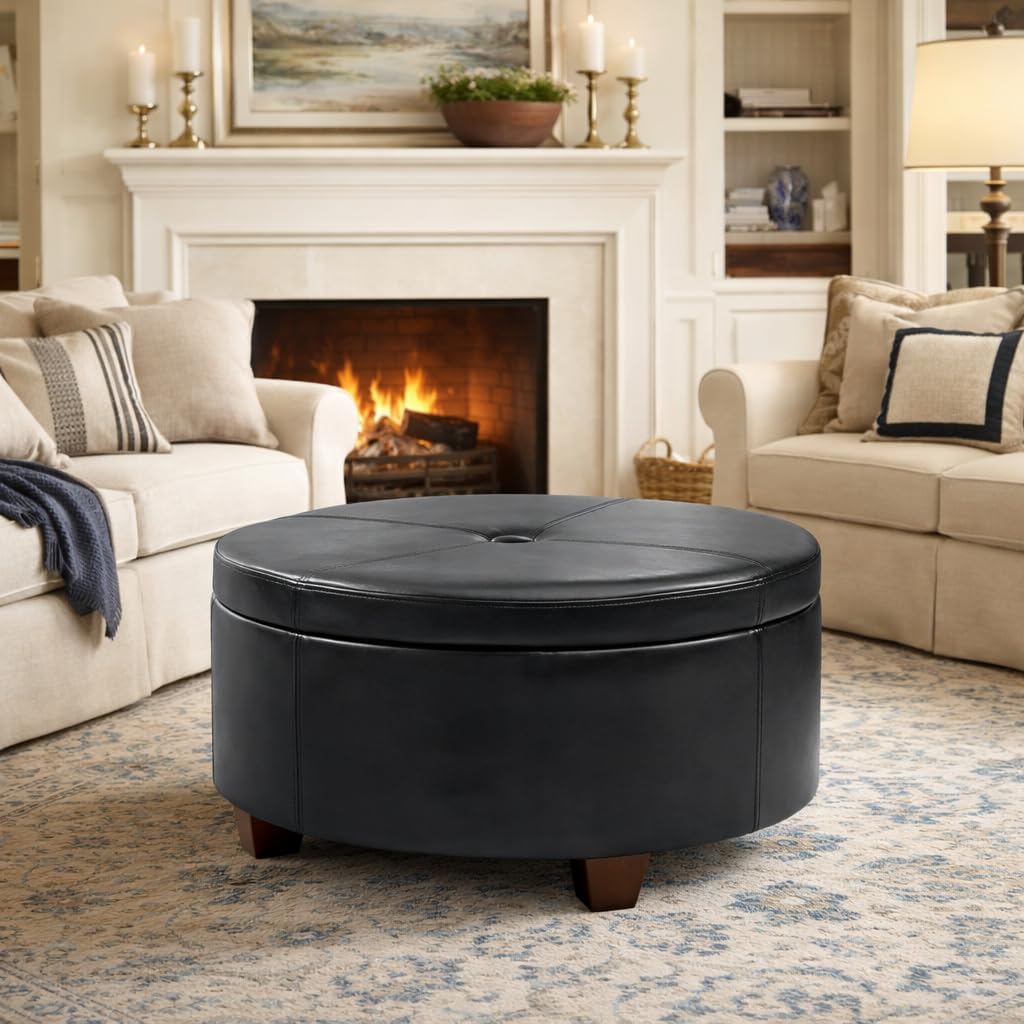 HomePop 24" Large Leatherette Storage Ottoman - Distressed Brown Faux Leather