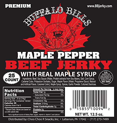 Buffalo Bills 16 Oz Premium Maple Beef Jerky Peppered Pieces in Random Size | Made In The USA, 100% US Beef, USDA Inspected, Whole Muscle Jerky, Real Maple Syrup & Fresh Cracked Black Pepper, Diet Snack