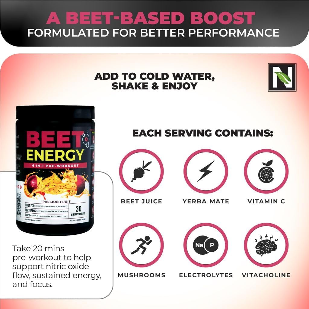 Nutrology Beet Energy O2 Pre Workout Passion Fruit Flavor - 30 Servings | Beet Juice Powder, Yerba Mate, Adaptogens, Electrolytes, Energy Support