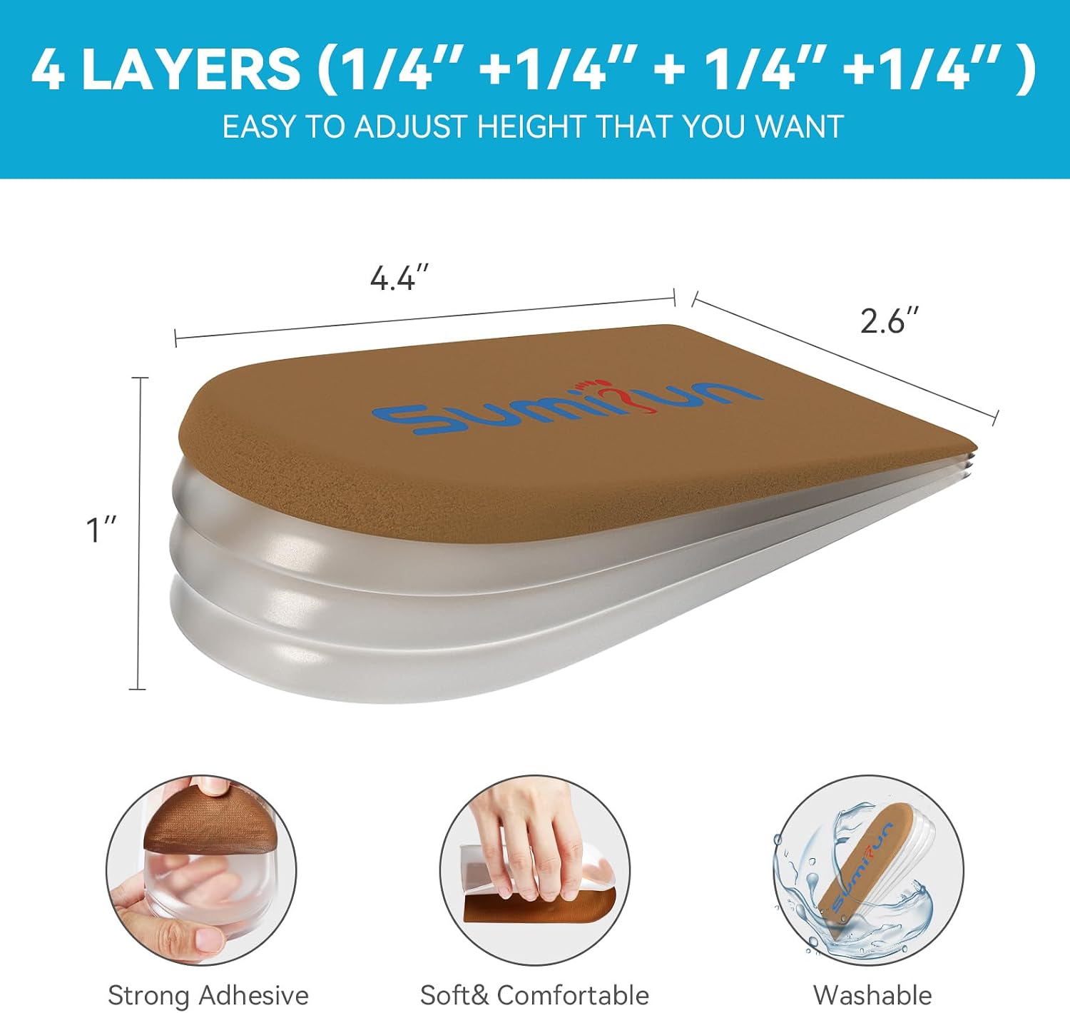 Sumifun Heel Lift, 4-Layer 1 Inch Gel Shoe Lifts for Women Uneven Legs, Adjustable Orthopedic Heel Lifts for Heel Pain and Leg Length Discrepancy