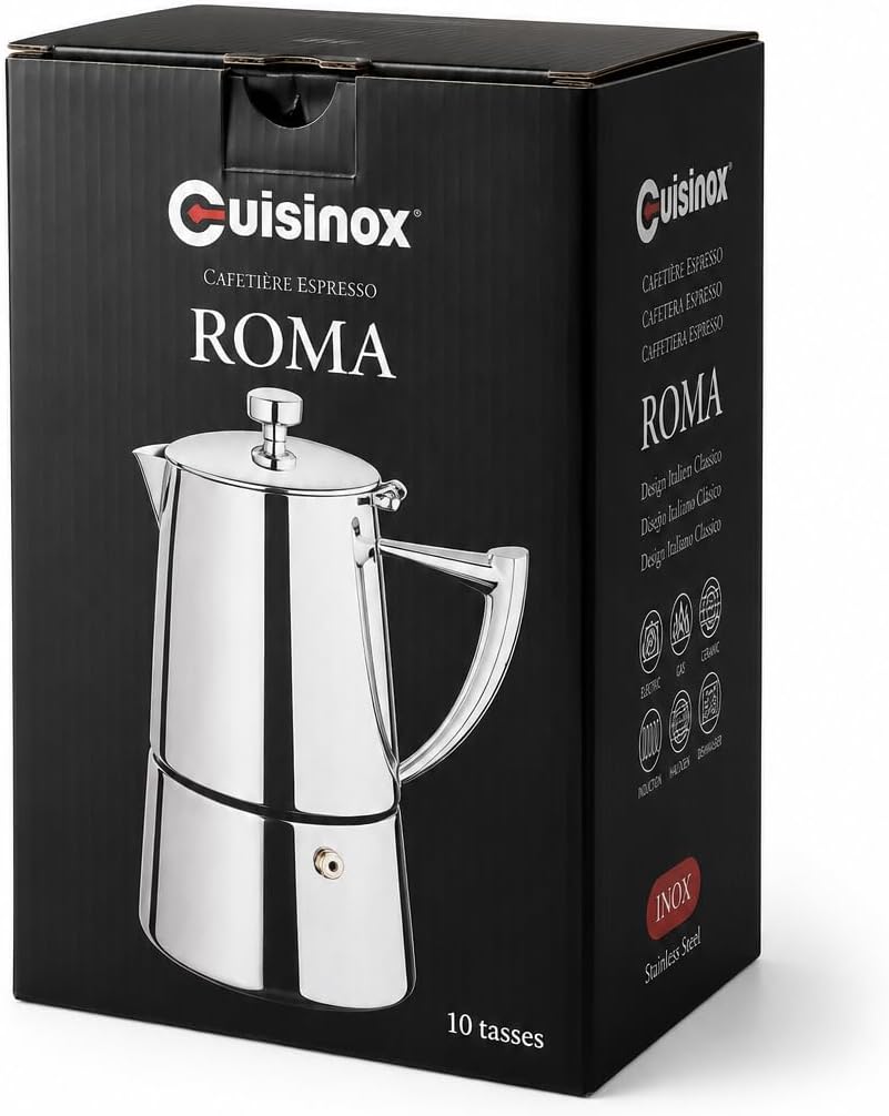 Cuisinox Roma Stovetop Espresso Maker COF-6R, Stainless Steel Coffee Percolator Stovetop, Heat-Resistant & Non-Reactive, 6-Cup Italian Espresso Maker Easy to Clean, Durable Stove Top Percolator