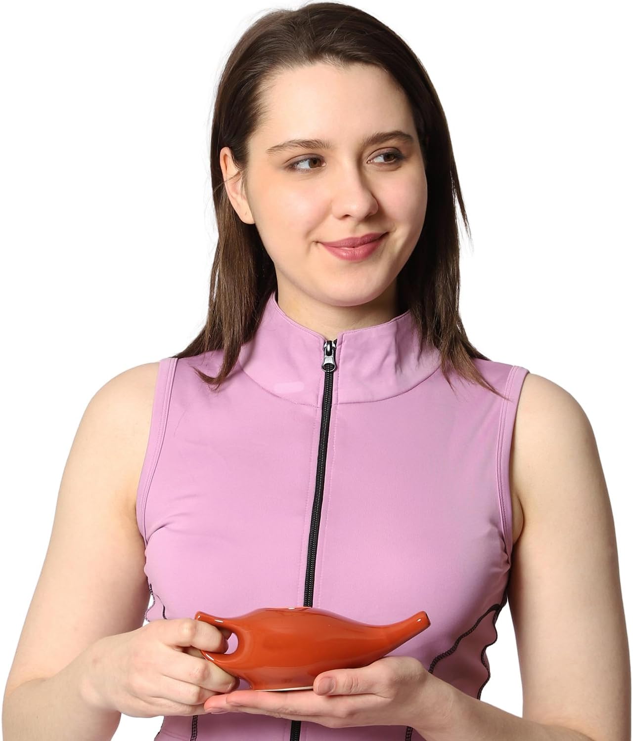 HealthGoodsIn Ceramic Neti Pot, Dishwasher Safe, Premium Handcrafted with 2 Silicone Nozzle and Salt for Sinus - 225 Ml. Capacity (Brown)