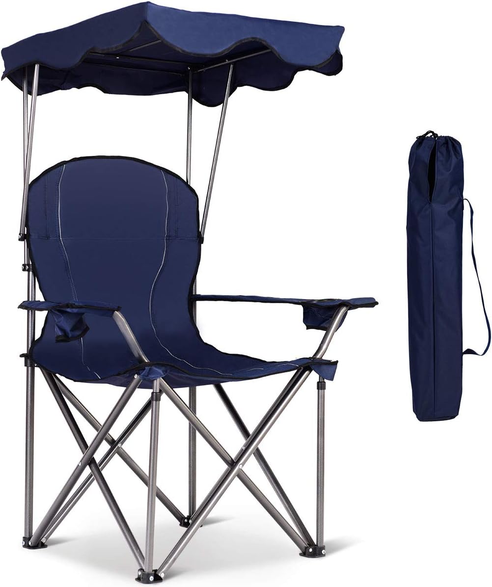 Goplus Camping Chair with Canopy Shade, Folding Lawn Chair with Umbrella Cup Holder & Carry Bag, Portable Sunshade Chair for Adults for Beach Outdoor Travel Hiking Fishing (Red)