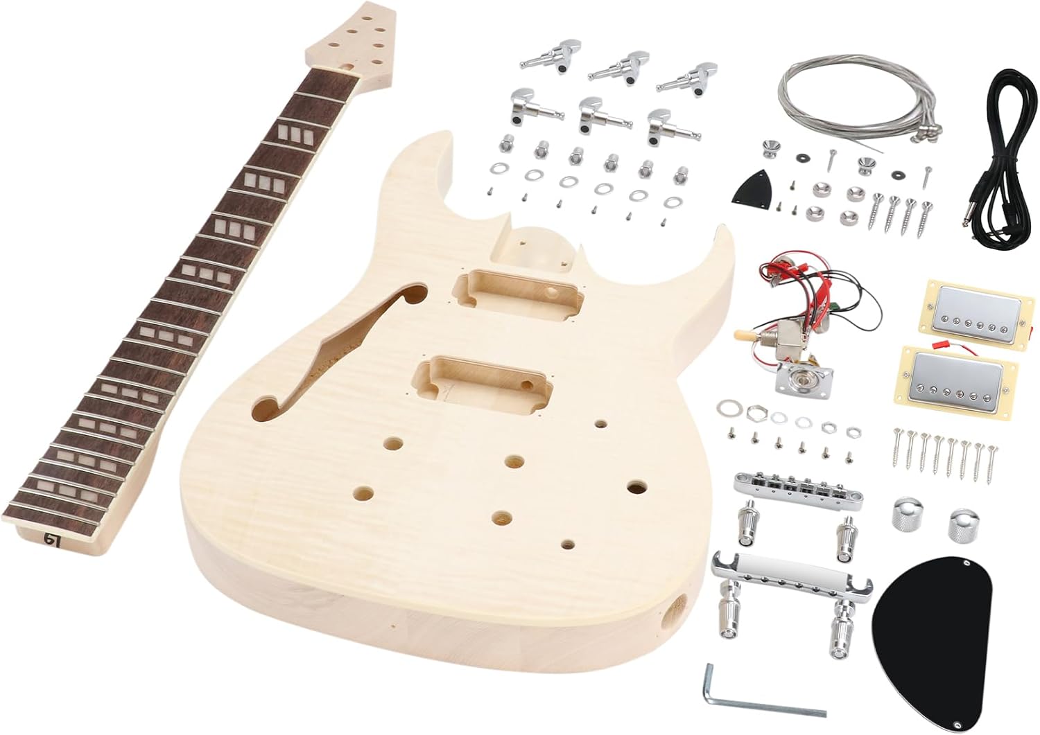 DIY Electric Guitar Kit Beginner Kit with Flamed Maple Veneer Top | 6 String, Right Handed, Basswood Body, Hard Maple Neck, Rosewood Fretboard