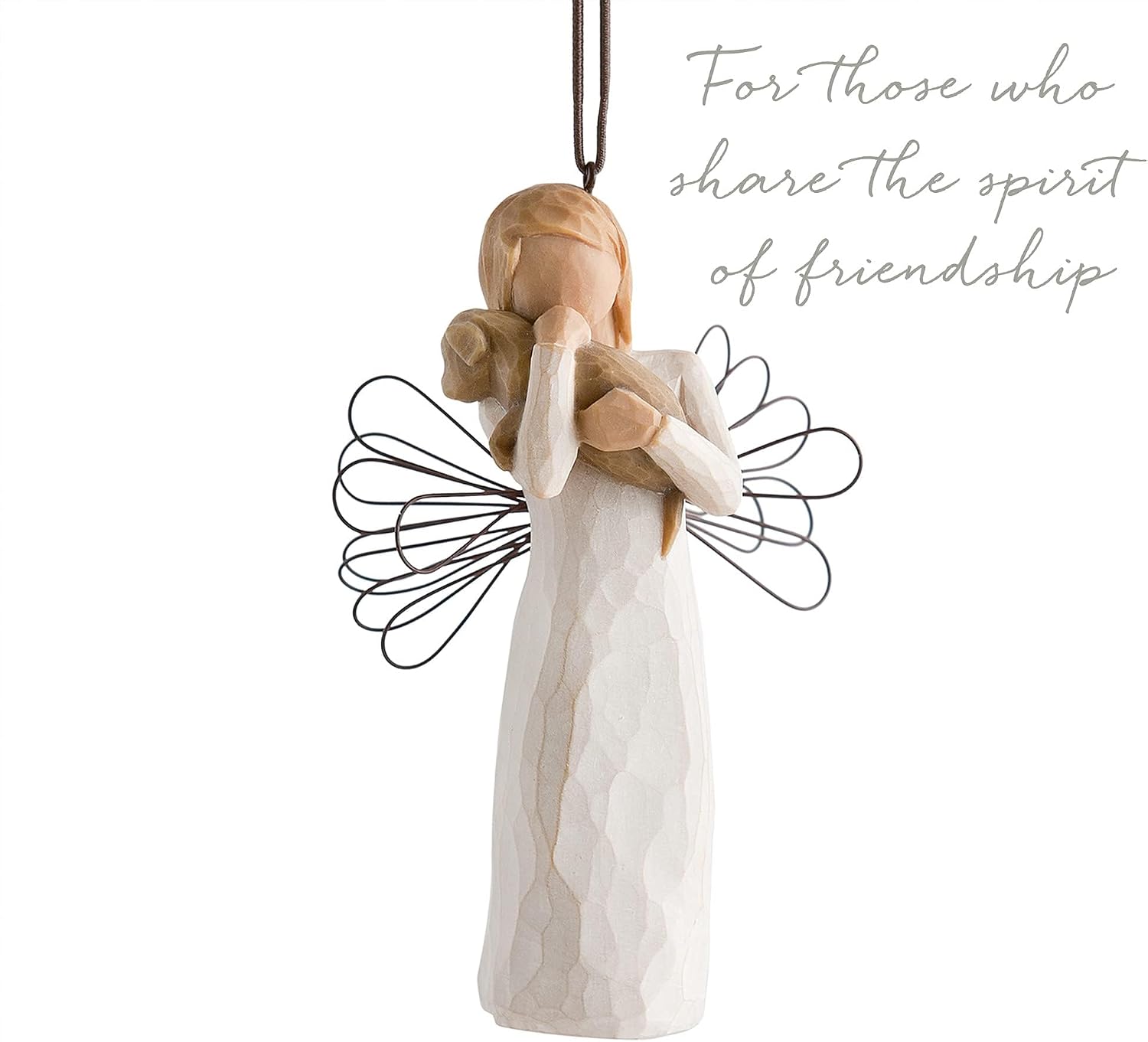 Willow Tree Angel of Friendship Ornament, Sculpted Hand-Painted Figure | Angel Holding a Brown Dog, Cream Dress and Wire Wings, Gift of Friendship