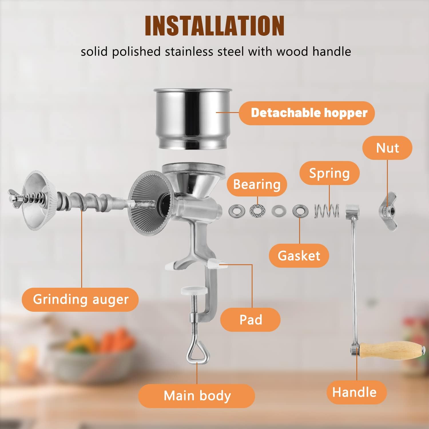 Moongiantgo Hand Grain Mill Manual Coffee Grinder Coarseness Adjustable Stainless Steel Hand Crank Grinding Tool with Table Clamp for Rice Spices