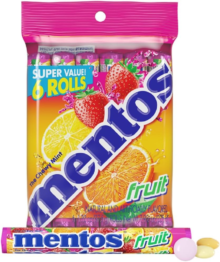 Mentos Fruit Chewy Mint Candy Roll, Mixed Fruit Flavors, Valentine's Day Candy for Parties & Favors, 14 Pieces Per Roll (Pack of 6) | Individually Wrapped Candy for Kids & Adults, Bulk Candy, Great for Parties, Birthdays, Holidays