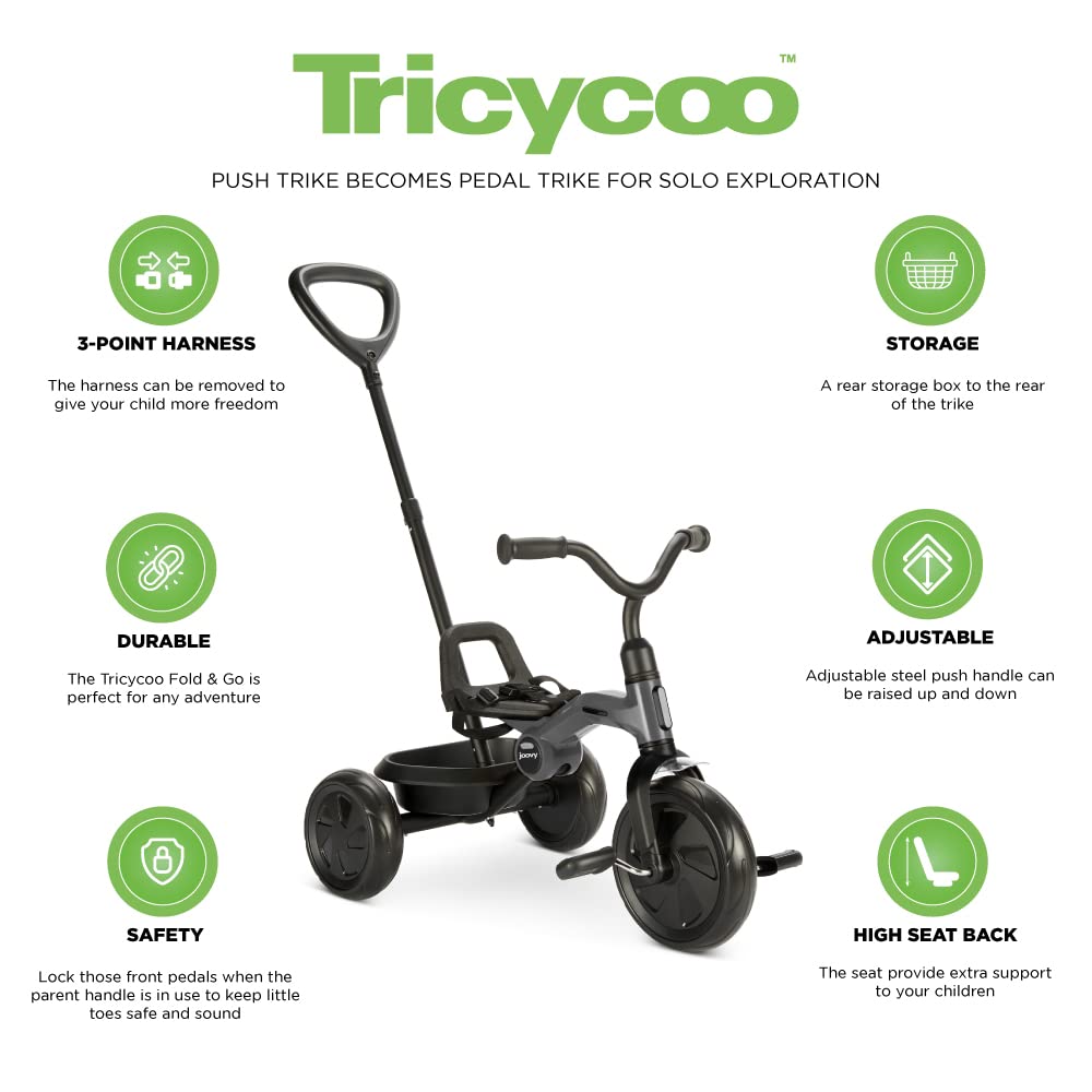 Joovy Tricycoo 4.1 Kids Tricycle with 4-Stages Featuring Extra-Wide Front Tire, Removable and Adjustable Parent Handle, Safety Harness