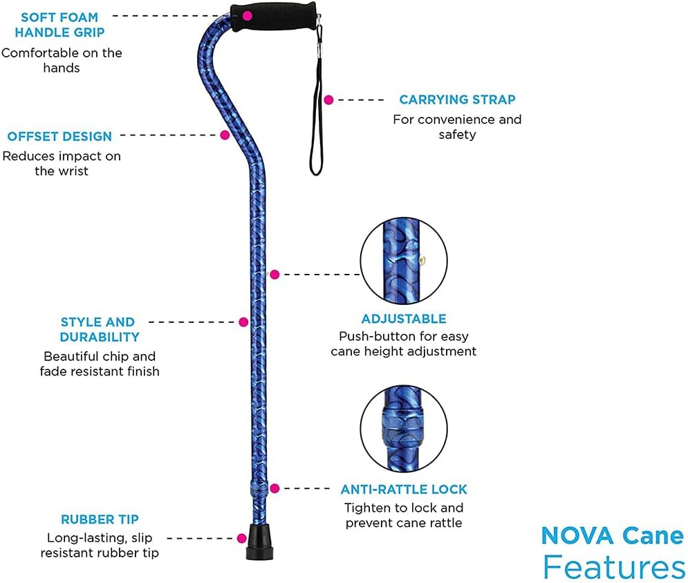 NOVA Designer Walking Cane with Offset Handle, Lightweight Adjustable Walking Stick with Carrying Strap, “Maui Flowers” Design