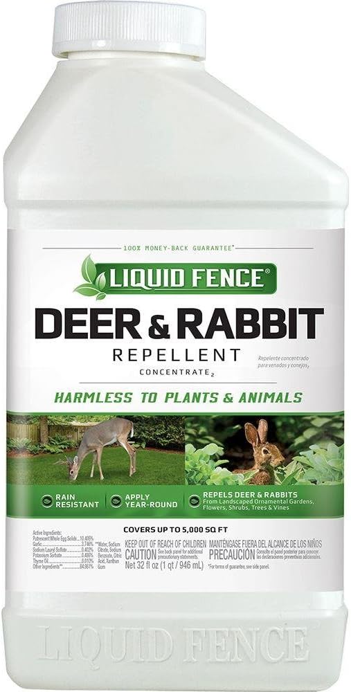 Liquid Fence Deer And Rabbit Repellent Concentrate 32 Ounces, Apply Year-Round | Use to Treat on Gardens, Flowers, Shrubs, Trees & Vines, Covers up to 5,000 Sq. Ft., Harmless to Plants & Animals