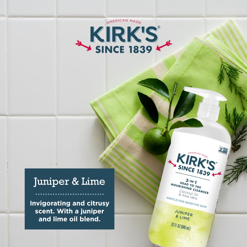 Kirk's Juniper & Lime​ 3-in-1 Nourishing Cleanser, Shampoo Body Wash Bubble Bath, Coconut Oil and Aloe Vera, Vegan Non-GMO, 32 Fl Oz