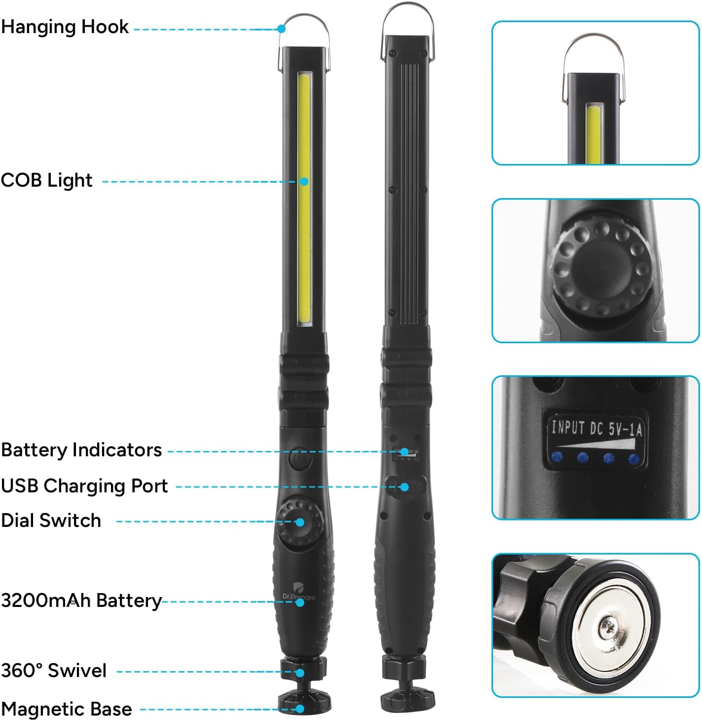 Dr. Prepare LED Work Light, 700 Lumens Foldable Rechargeable Work Light, 3200mAh Cordless Portable Magnetic COB LED Inspection Light for Car Repair