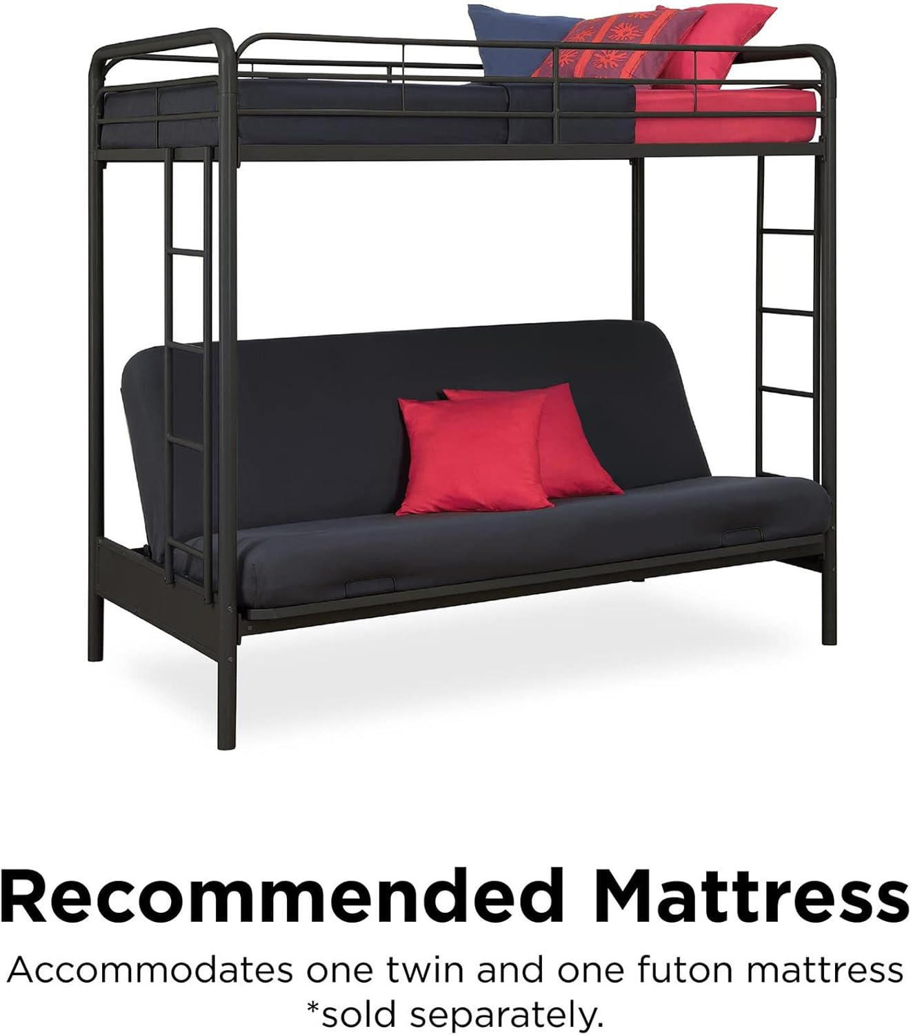 DHP Twin-Over-Futon Convertible Couch and Bed with Metal Frame, Ladder and Guardrails - Black