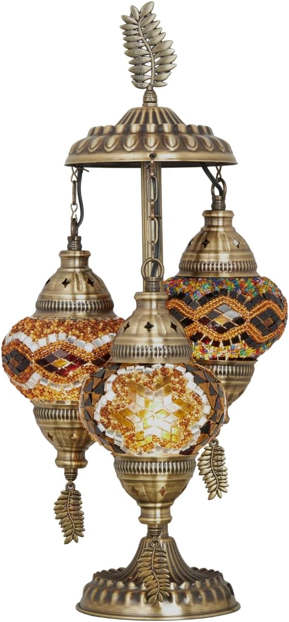 DEMMEX 3-Globe Turkish Moroccan Table Lamp, Tiffany Mosaic Glass Bedside Night Light, Handmade Colorful Mosaic Glass Globes & Antique Brass Finish Base, 21" H, Multicolor
