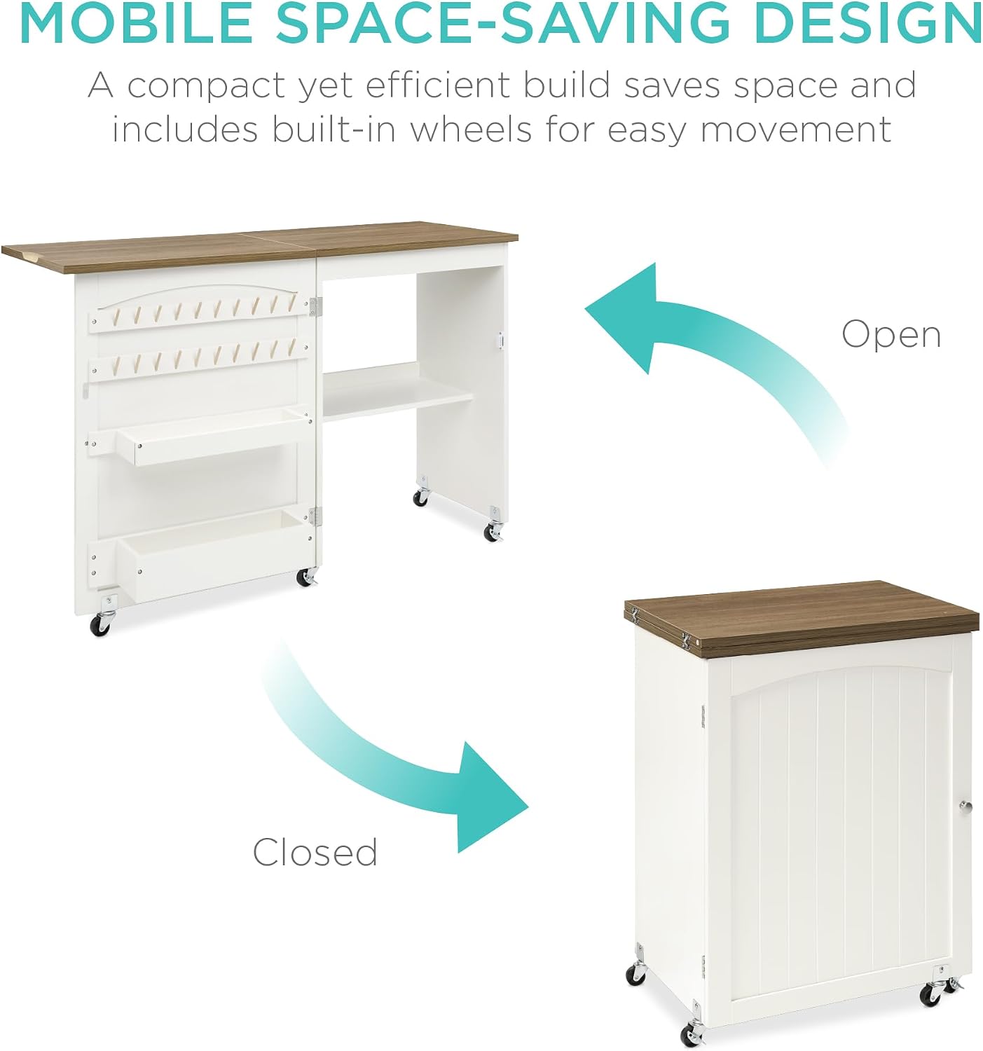 Best Choice Products Folding Sewing Table Multipurpose Craft Station & Side Desk with Compact Design, Wheels, Shelves, Storage Trays, Pegs