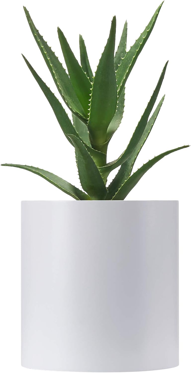 FaithLand 14 Inch Fiberstone Planter - Lightweight Modern Cylinder Plant Pot with Drainage Hole & Plug, Indoor Outdoor Use, Matte White
