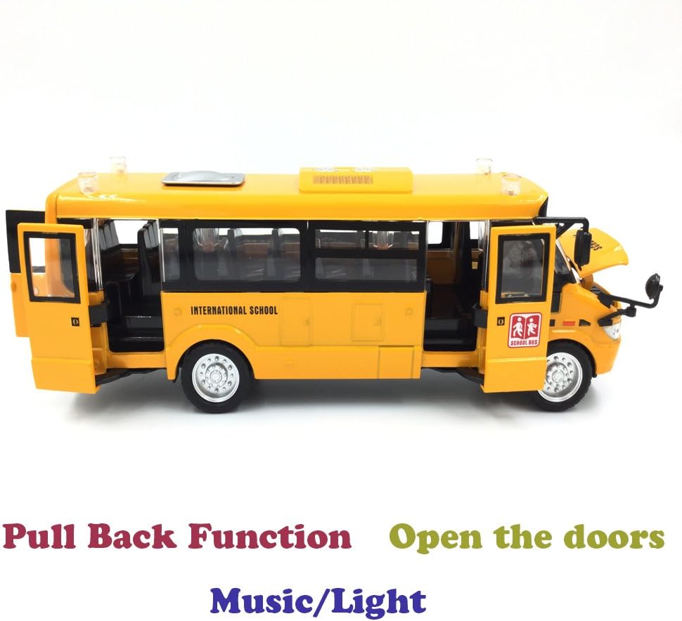9" Pull Back Die-cast School Bus Toy | Light Up & Sounds Die-cast Metal Toy Vehicles with Bright Yellow and Openable Doors