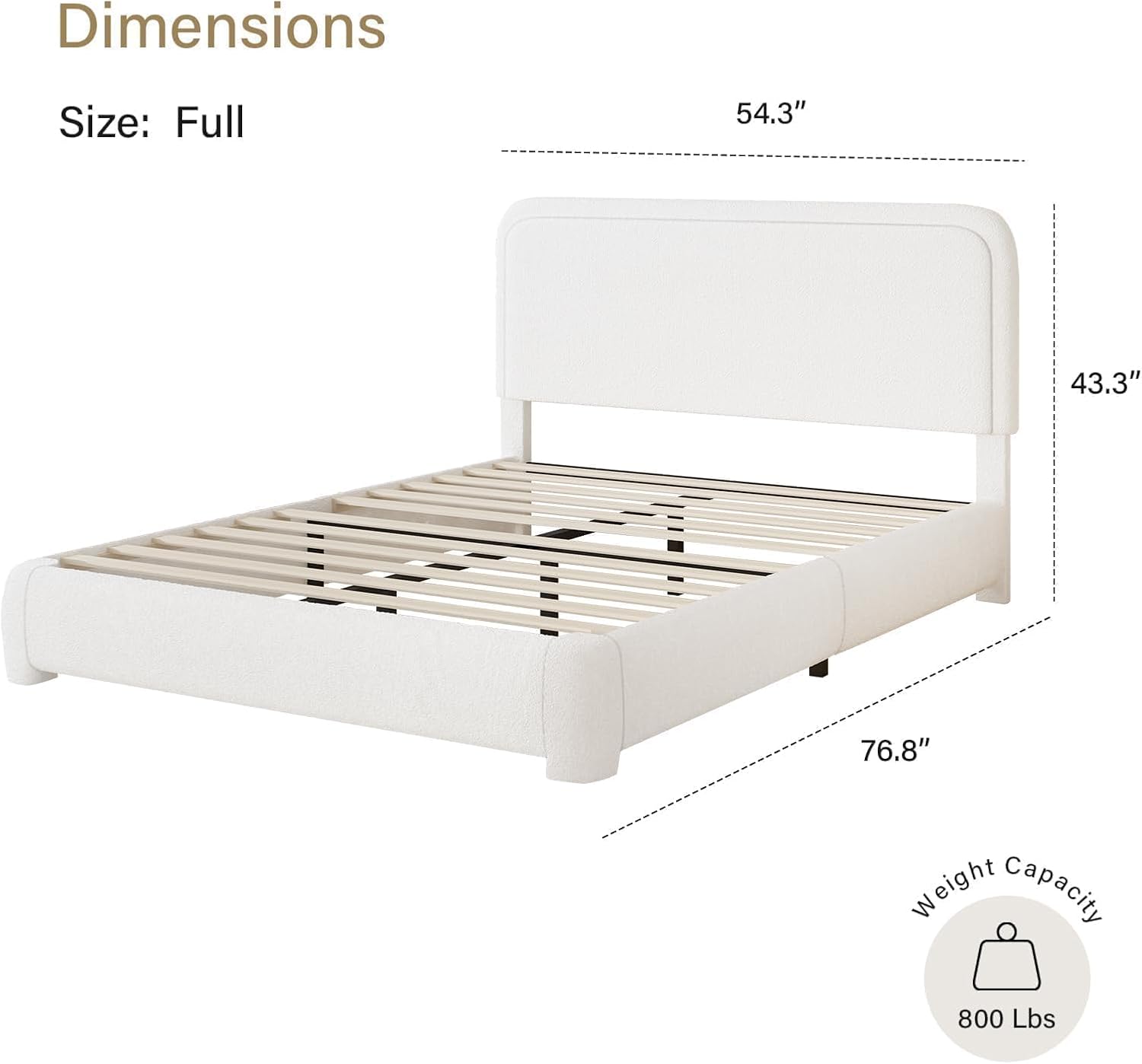 BarnFurin Full Bed Frame, Cloud Boucle Headboard, Rounded Corners, White | Soft boucle and rounded edges create a low-profile cloud look. Wooden slats support the mattress without a box spring