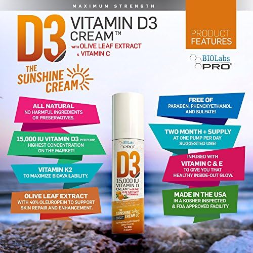 All Natural Vitamin D3 15000IU Vitamin D Cream, Maximum Strength Vitamin K2 | Fight Vitamin D Deficiency Naturally, with Olive Leaf Extract
