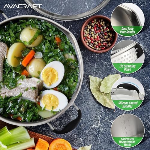 AVACRAFT 6 Quart Stainless Steel Stock Pot with Glass Strainer Lid | 5-Layer Capsule Base, Tempered Glass Strainer Lid, Drip-Free Pour Spouts, Induction Compatible, Dishwasher Safe