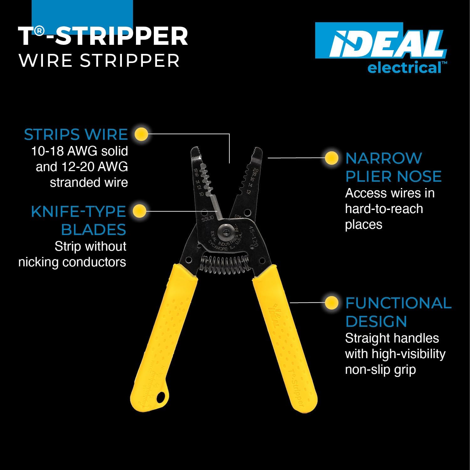 IDEAL Electrical Reflex Super T-Stripper Wire Strippers, 8–16 AWG Solid, 10–18 AWG Stranded, Ergonomic Wire Cutter and Stripping Tool with Textured Sleeves, Locking Handle