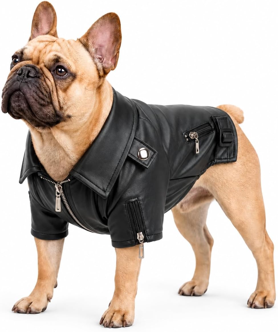 Lovelonglong Cool Dog Leather Jacket, Warm Coats Dogs Windproof Cold Weather Coats for Large Medium Small Dogs with Eagle Embroidery Black XS