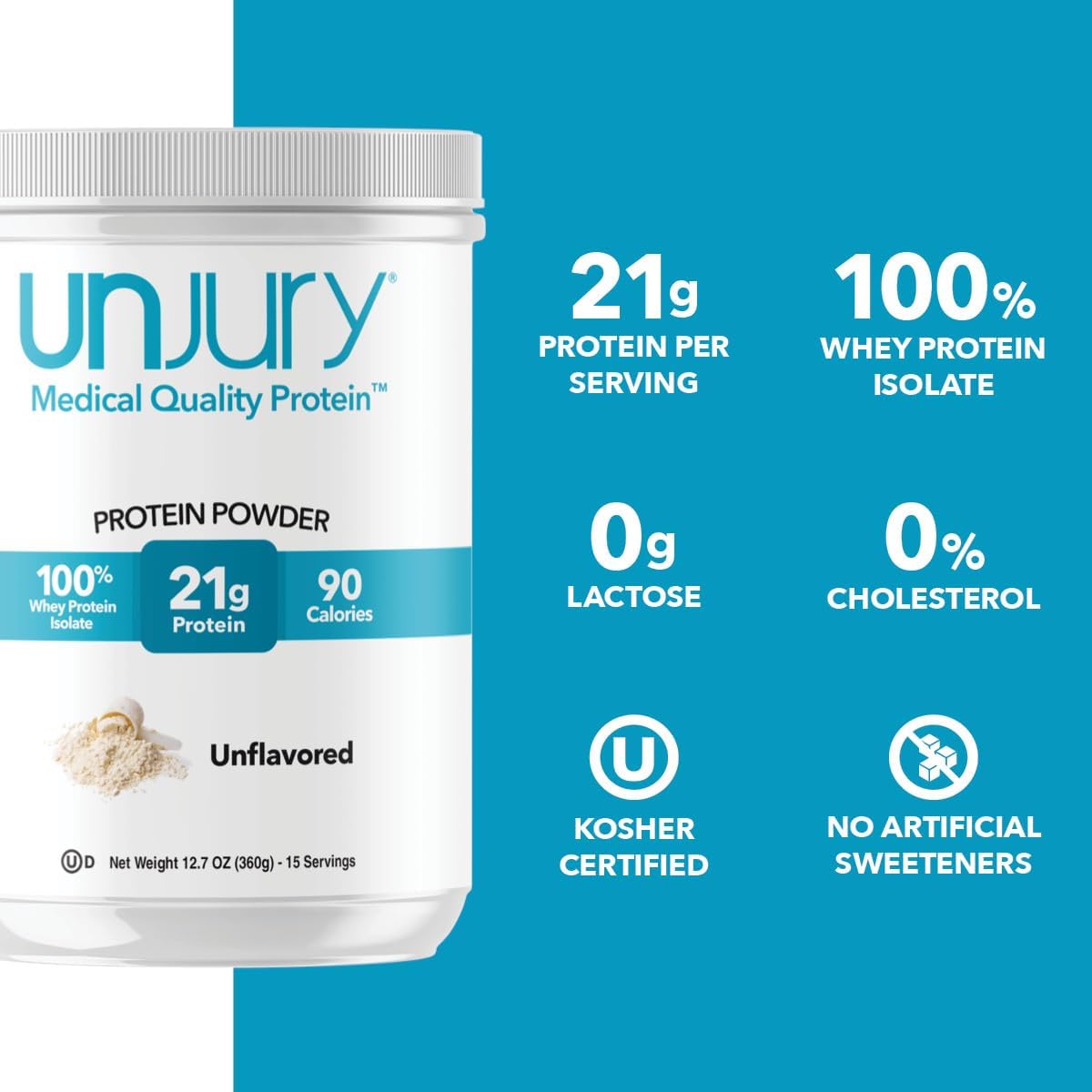 Unflavored Protein Powder | 21g 100% Whey Isolate Protein Powder | Unflavored Whey Protein Powder | Low Carb and Sugar Free Whey Protein Isolate | Gluten Free | Certified Kosher | 15 Servings