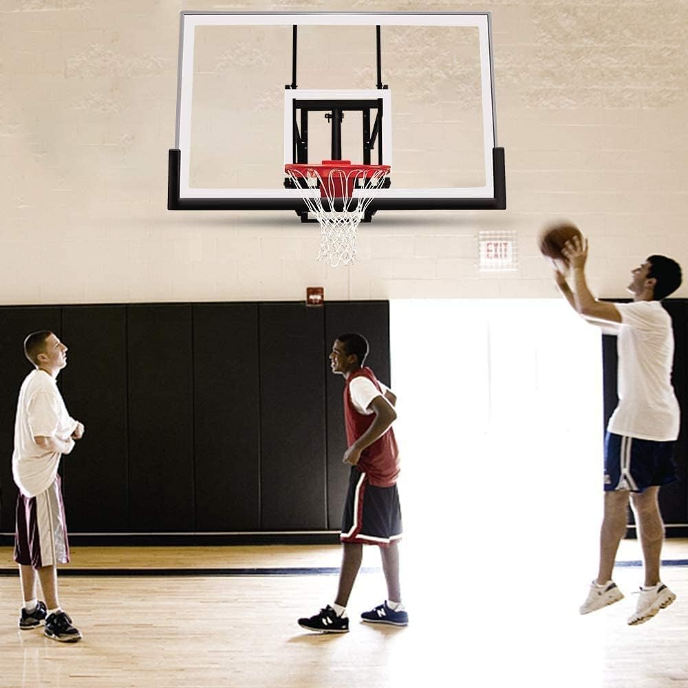 Katop Wall Mount Basketball Hoop with 60"x36", 72"x42" Tempered Glass Backboard, Effortlessly Height Adjustable from 7.5' to 10'